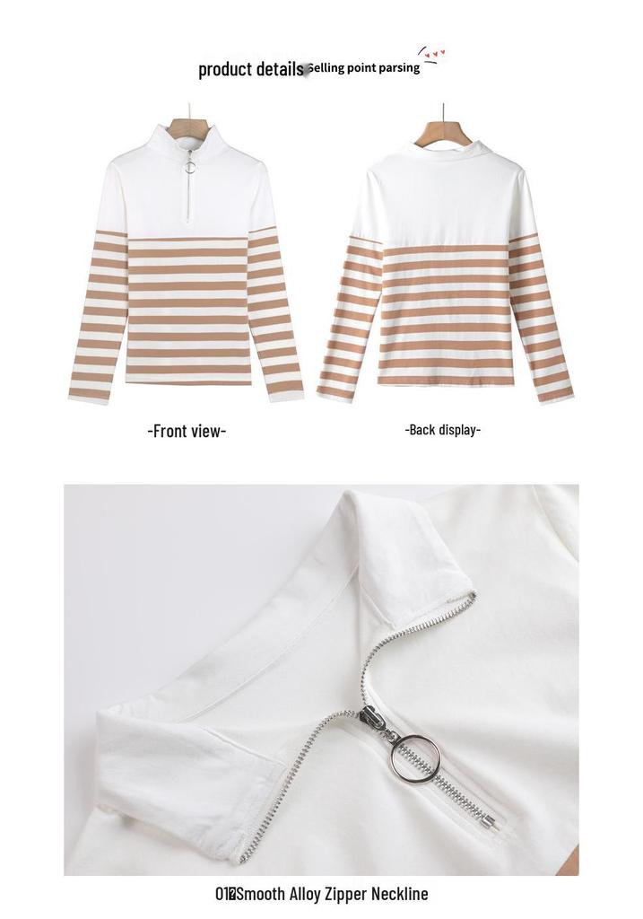 2025 Women's Striped Long-Sleeve Zipper T-Shirt with Stand Collar