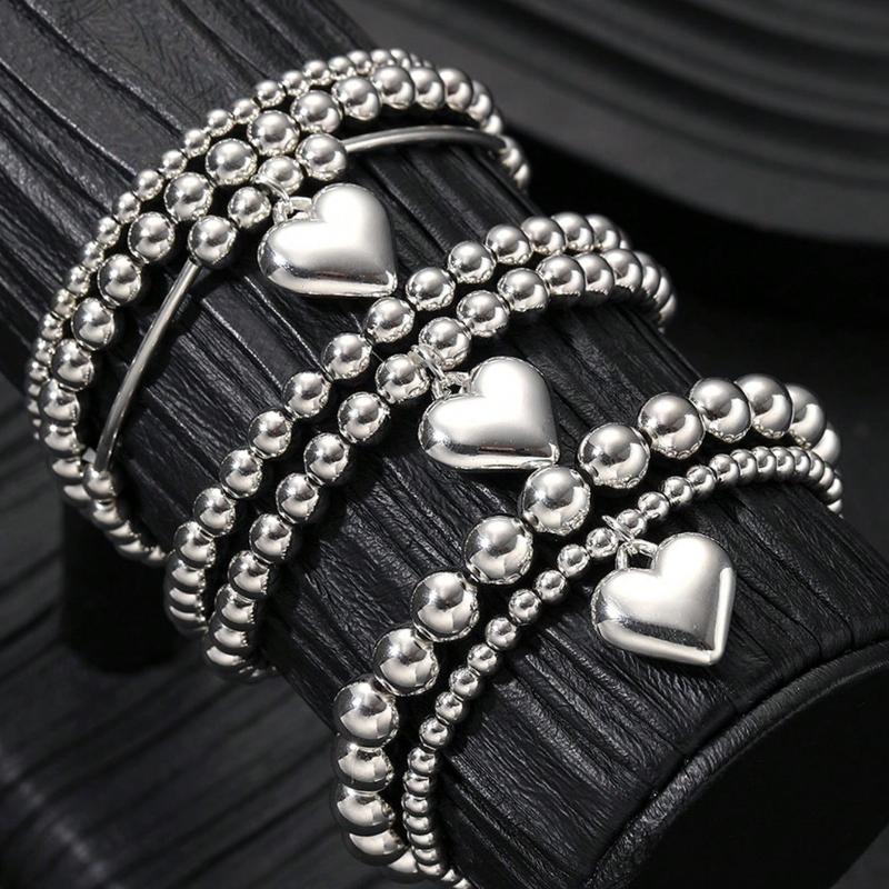 7Pcs Stacked French Beaded Love Pendant Bracelet Women's Simple Imitation Pearl Elastic Jewelry