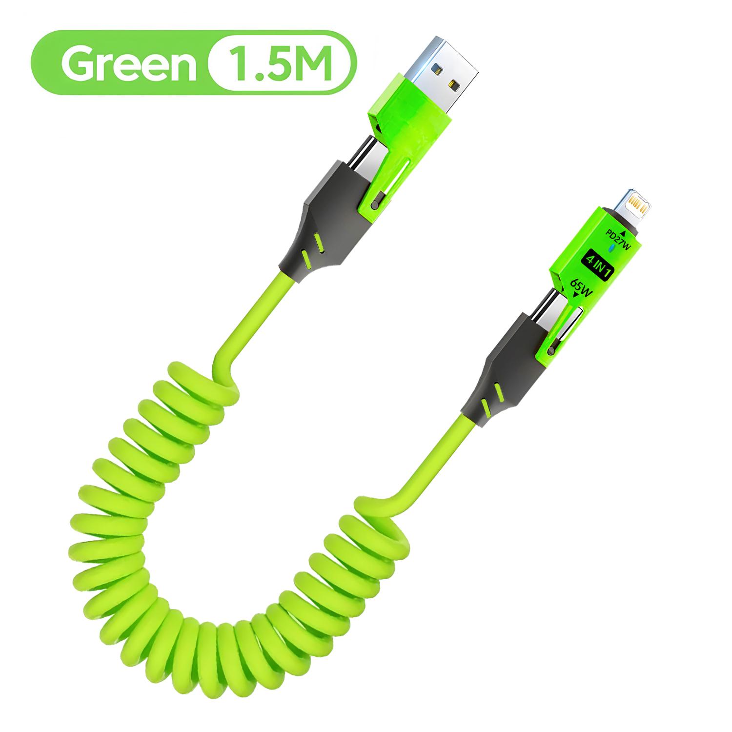 

65W 6A 4 In 1 Spring USB Cable Quick Charging Data Cord USB Type C Telescopic Charger Wire For iPhone iPad Huawei зелений