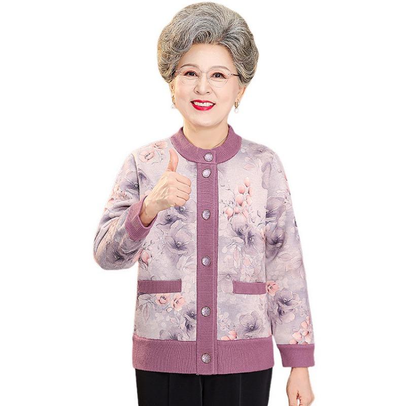 Autumn and winter knitted sweater women's old lady coat medium old new mother grandma pack fleece thickened cardigan sweater