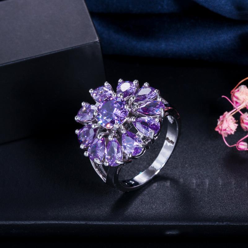 J0103 Atmospheric Exquisite Flower Women'S Hand Jewelry Aaa Zircon Ring Multi-Color Optional