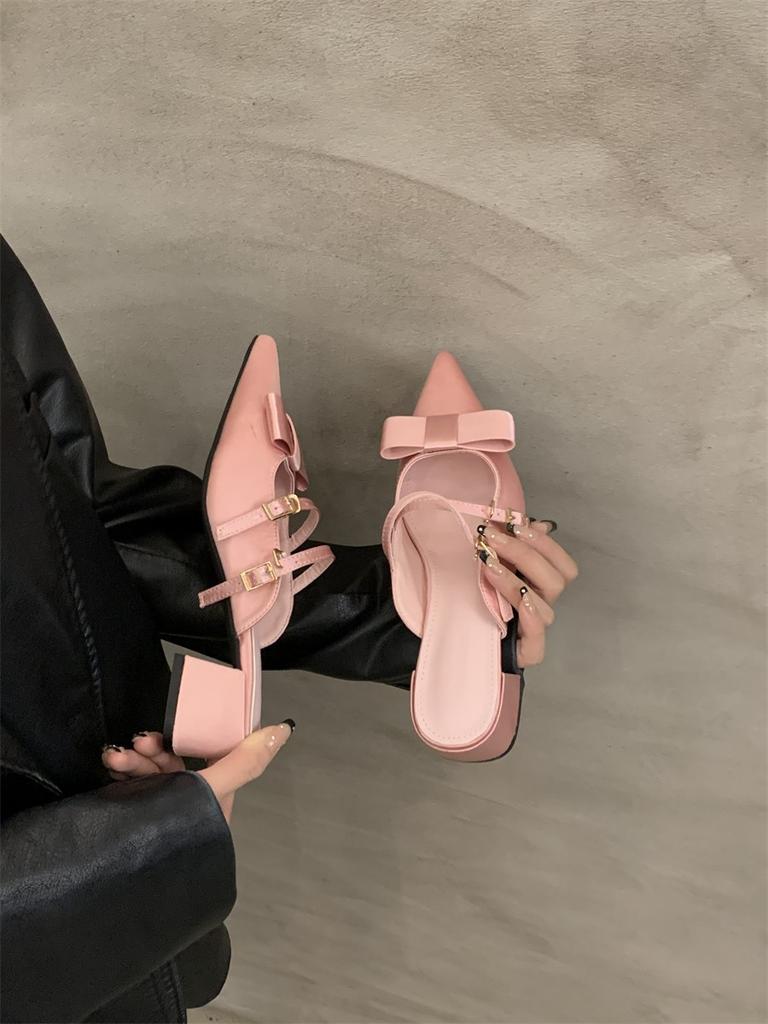 French temperament bag head half slippers outer wear 2025 summer new fairy style bow high heel single shoes women's shoes
