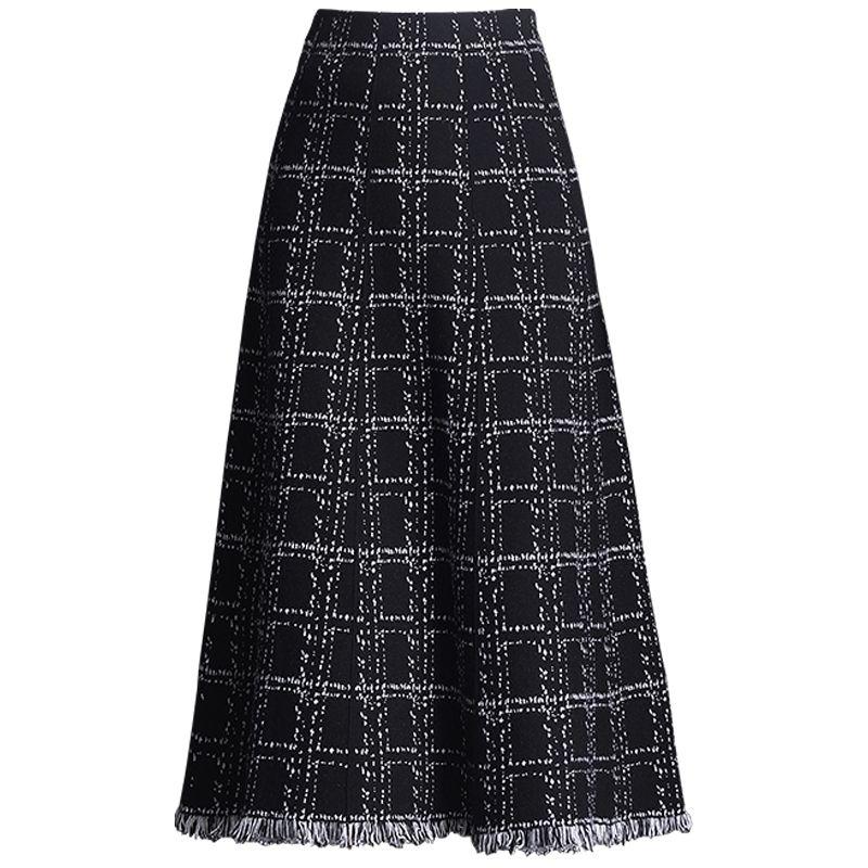Bodycon Houndstooth Knitted A-Line Skirt Women's Korean Style Plaid Midi Skirt Fringed Wool Skirt