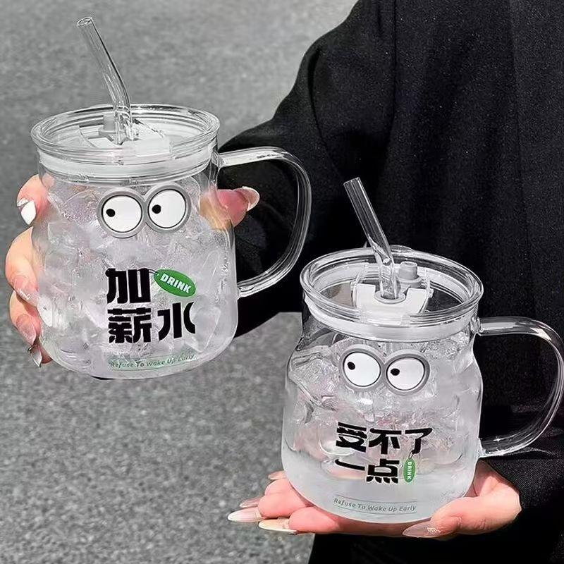 Creative Glass Straw Cup Large Capacity 550ml Cartoon Water Cup Beverage Coffee Cup with Handle Print Cup
