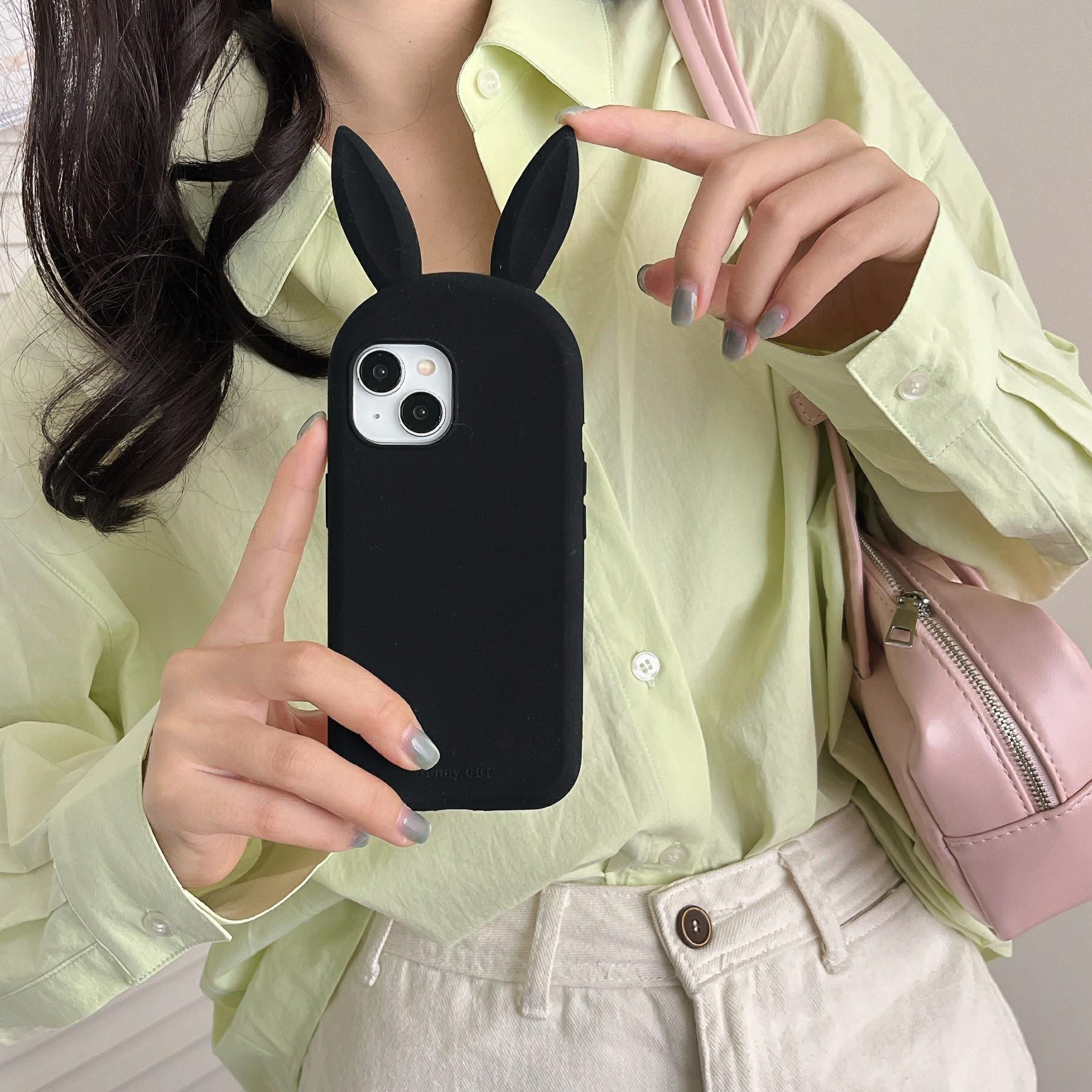 

For iPhone 15 Silicone Case Cute Rabbit Ear Design Shockproof Phone Back Cover Rose