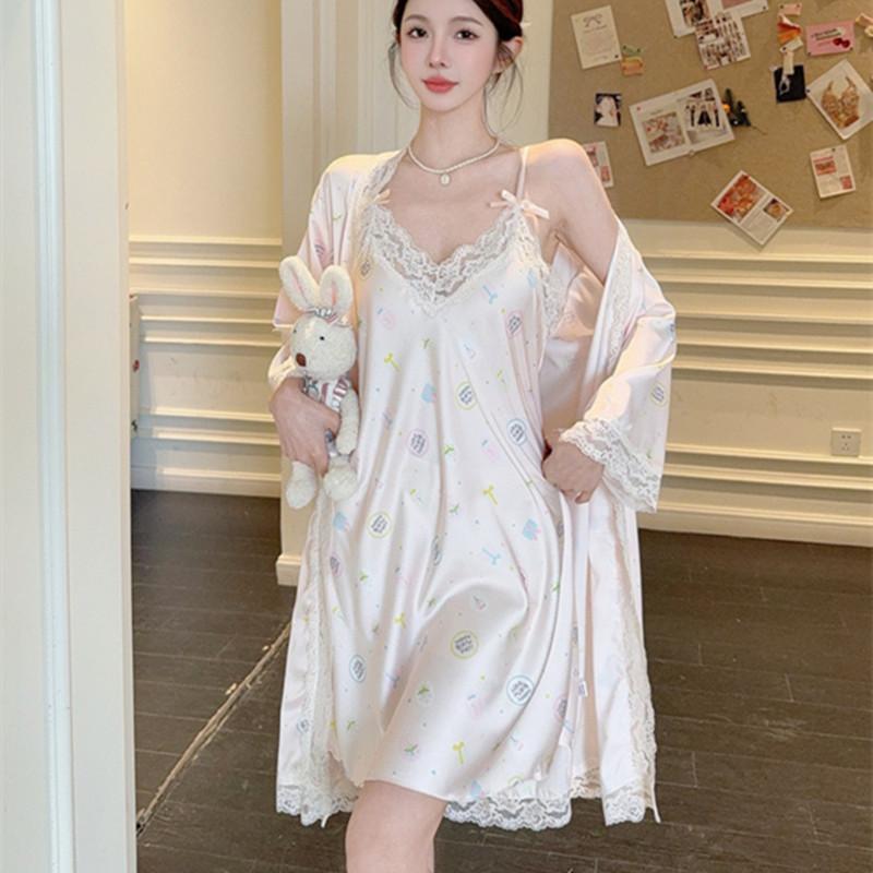 Ice silk pure desire wind suspender nightdress spring and summer sexy lace nightgown high sense two-piece set sweet loungewear women