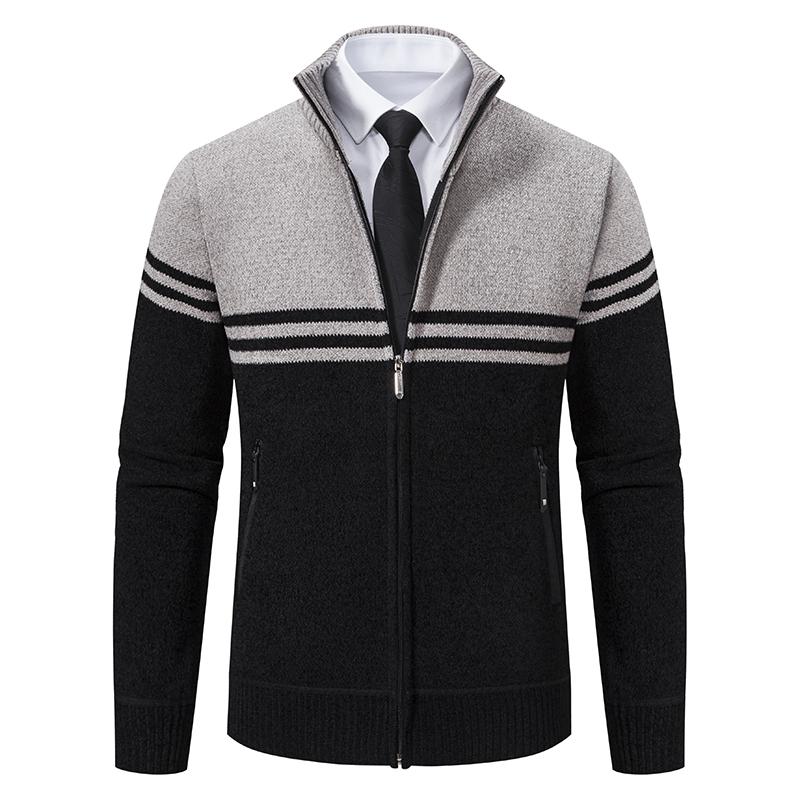 Men's Autumn and Winter Sweater Thick Fleece Warm Sweater Casual Stand Collar Zipper Cardigan Fashion Striped Coat