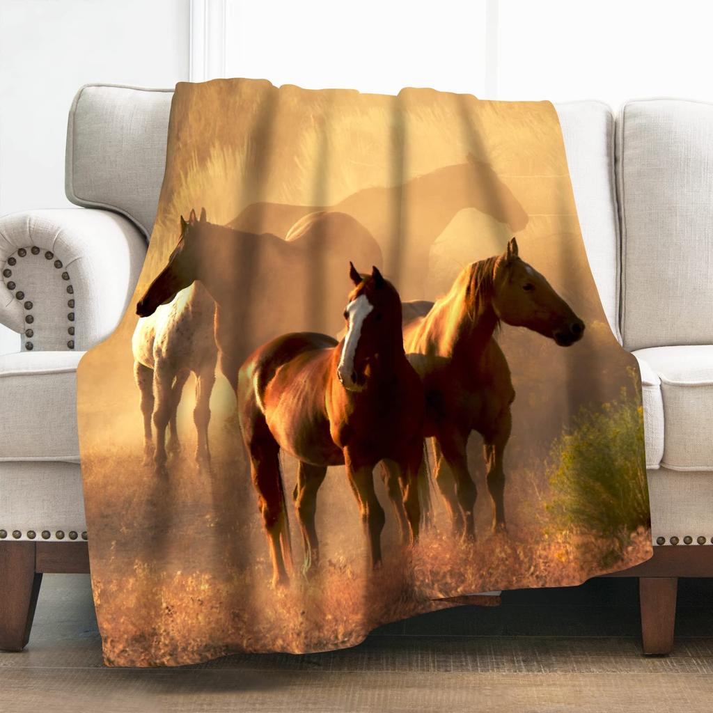 Horses Blankets Coral Fleece Plush Summer Nature Wild Animals Portable Lightweight Throw Blankets for Home Car Bedspreads
