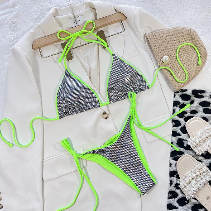 European & American Women's Colorblock Shiny Sexy Tie-Up Bikini Swimsuit