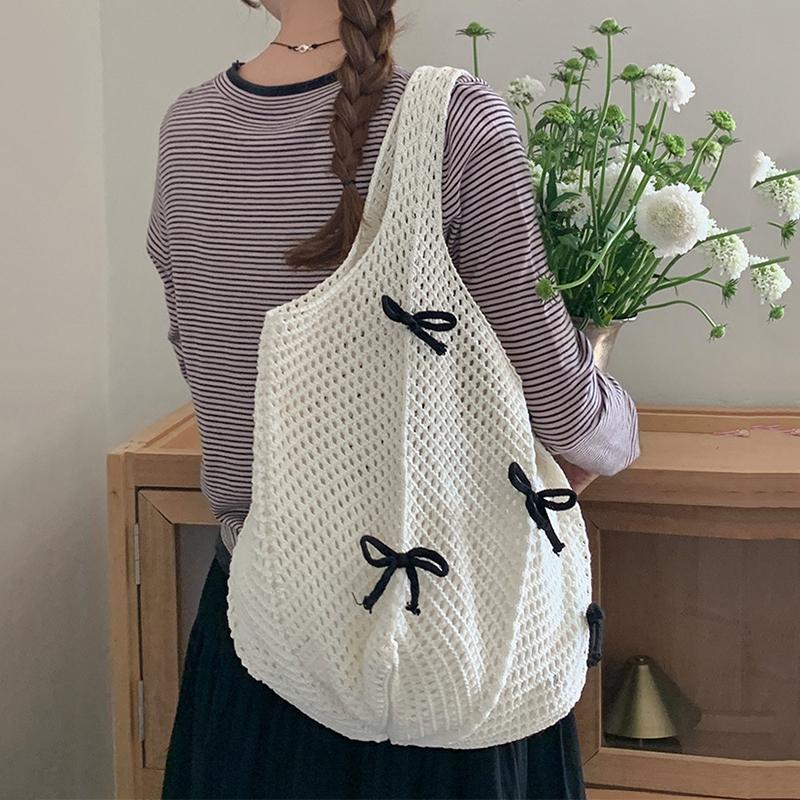 Women Crochet Tote Candy Bag Fashion Knitted Large Capacity Woven Shoulder Bags Solid Color Simple Shopping Bag for Summer Beach CLE