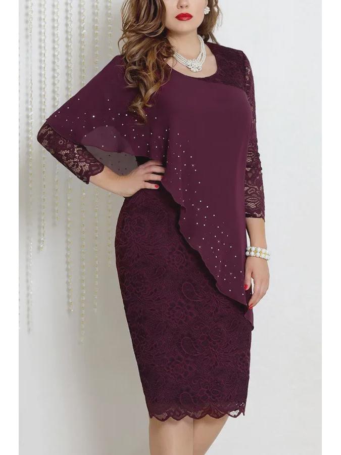 Elegant Three-Quarter Sleeve Solid Color Lace Trim Slim Dress for Plus Sizes
