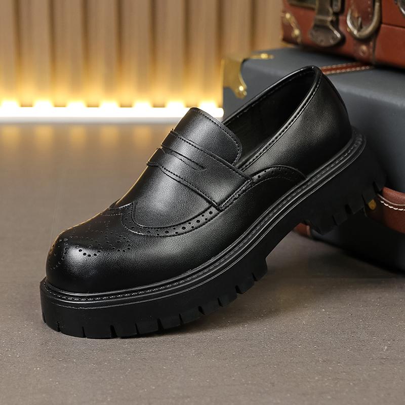 Vintage Brown Men's Brogue Leather Shoes Autumn Round Toe Platform Loafers Man Casual Formal Business Shoes mocasines hombre