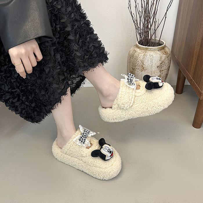 Cute Cartoon Mickey Non-slip and Versatile One-word Fluffy Slippers Women's 2025 Autumn and Winter New Thick-bottomed Warm Cotton Slippers