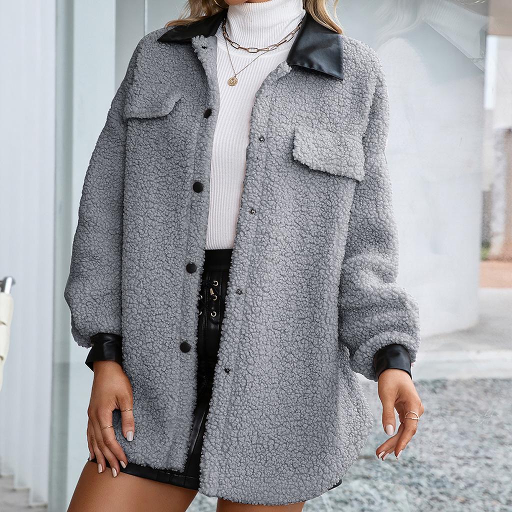 Women's  And Winter Loose Solid Color Stitching Long-sleeved Lapel Lambskin Single-breasted Warm Jacket Coat