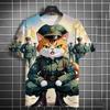 Summer Men's Fashion Casual Print Men's Cat Warrior Guard with Knife Art Print Hooded T-Shirt Round Neck Street T-Shirt Top