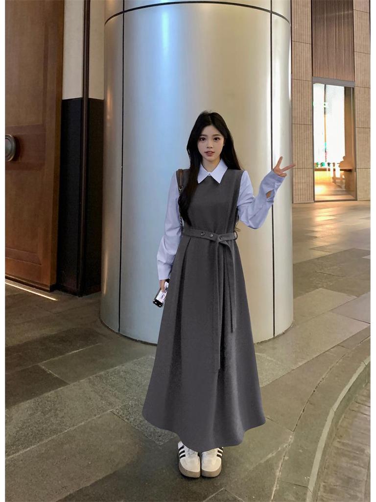 French-Style Two-Piece Long-Sleeve Plus Size Elegant Spring Dress with Waist-Cinched Skirt