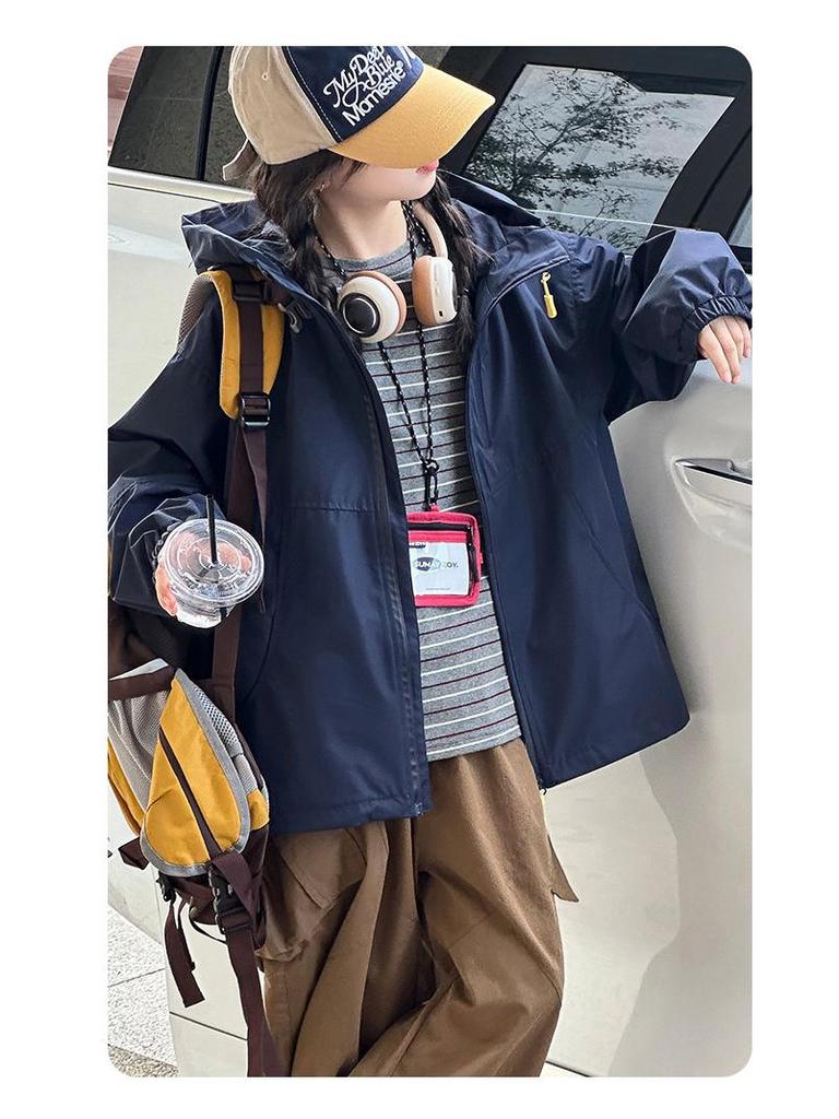 Girls' Double Zipper Hooded Windbreaker - Autumn 2025 Korean Style Casual Sports Jacket for Big Kids