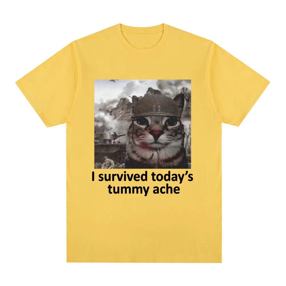 I Survived Today's Tummy Ache T-Shirt Funny Cat Meme Short Sleeve T Shirt Men Women Cotton Casual Oversized T Shirts Streetwear