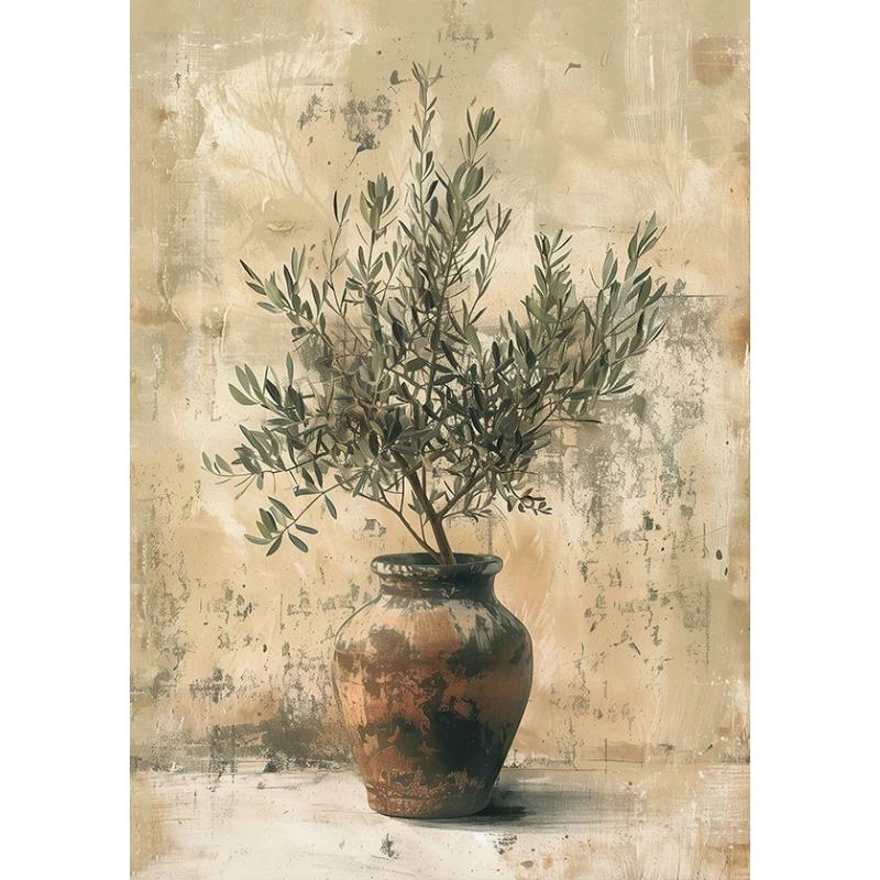 Retro Elegante Olivenbaum und Zitrone Leinwand Poster Vase Wandkunst Poster Perfektes Geschenk für Wohnzimmer Schlafzimmer Studentenwohnheim Heimdekoration