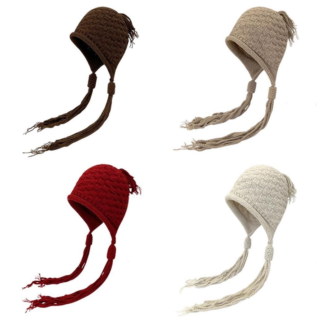 Cute Tassel Twist Knitted Hat Women Winter Outdoor Warm Wool Knit Hat