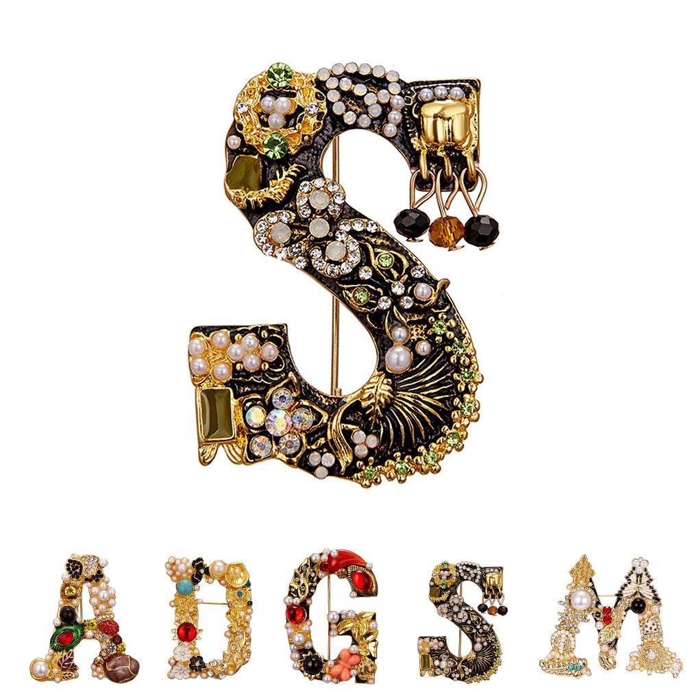 Letter Shaped Brooch Scarf Clothes Decorative Brooch Breast Pin Pearl Rhinestone Badge Jewelry A