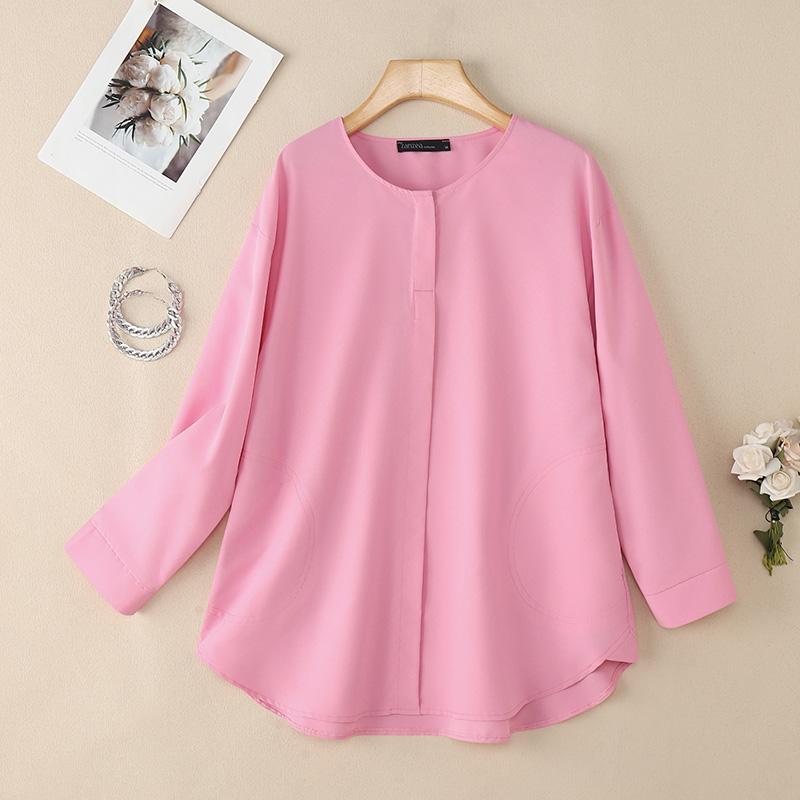 ZANZEA Women Casual Round Neck Solid Color Long Sleeve Loose Blouse