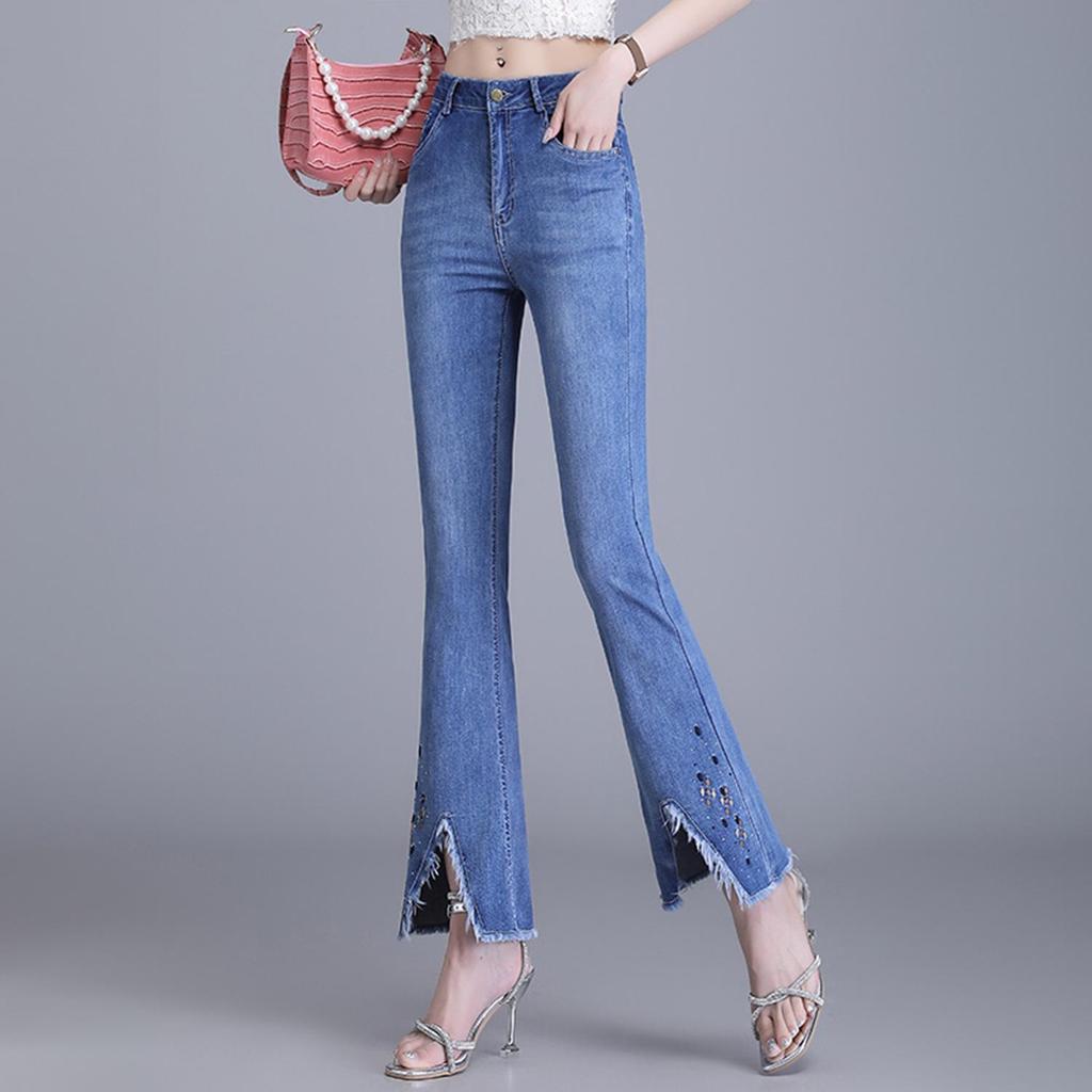 2025 Women's Slimming High-Waisted Micro-Flared Jeans with Slit and Raw Edge Detail for Spring