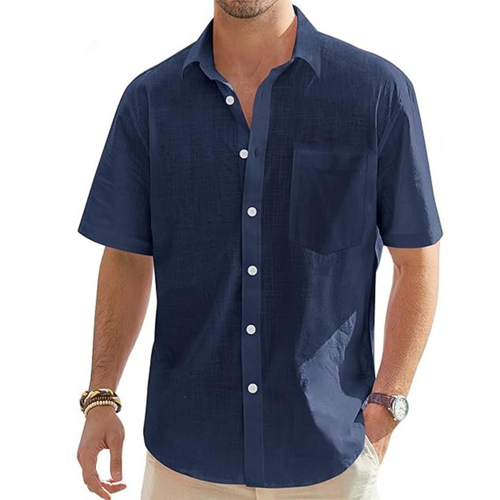 Men Simple Solid Color Lapel Short Sleeve Casual Shirt With Pocket