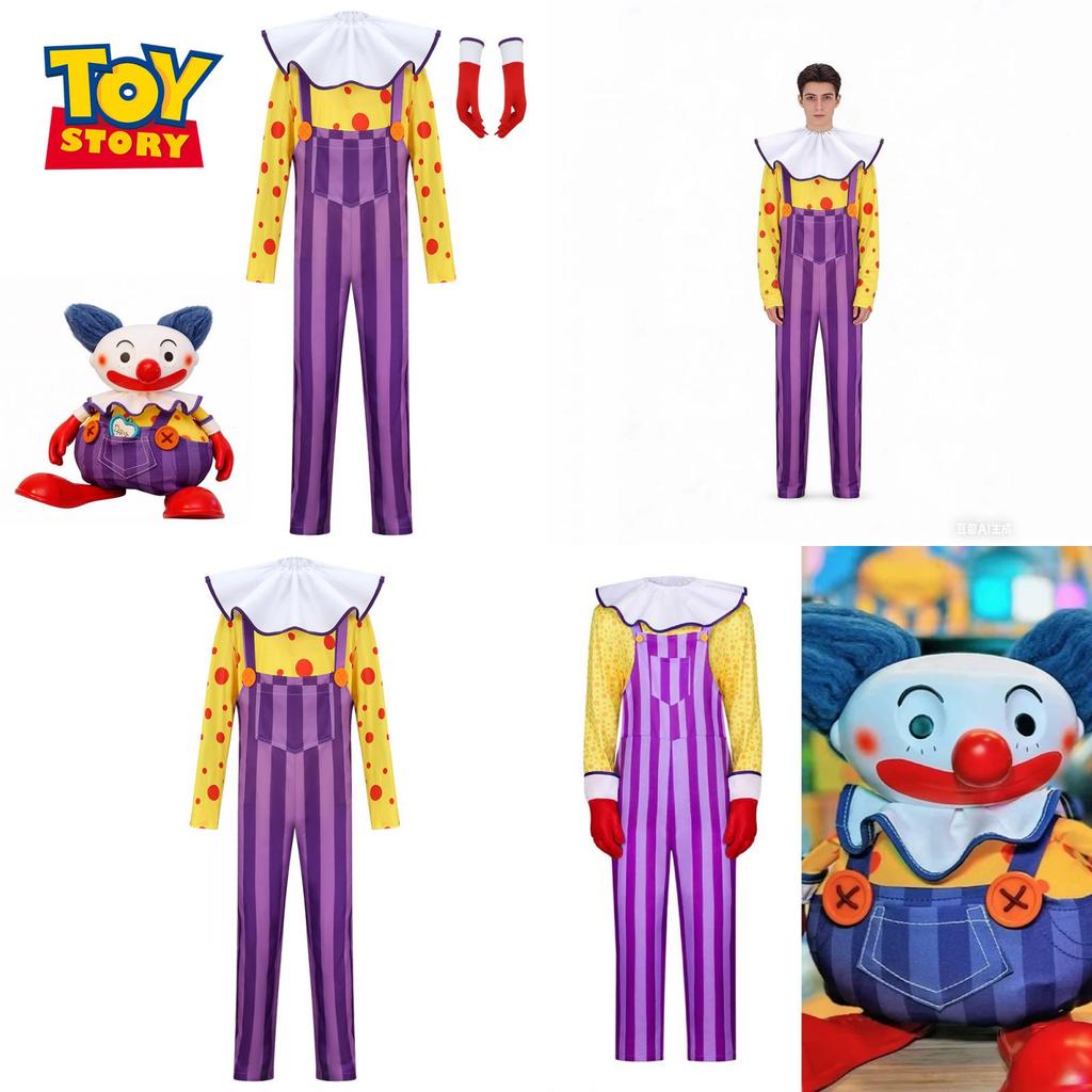 Toy Story Chuckles The Clown Cosplay Costume With Long Sleeve Top And Overalls For Halloween Dress Up