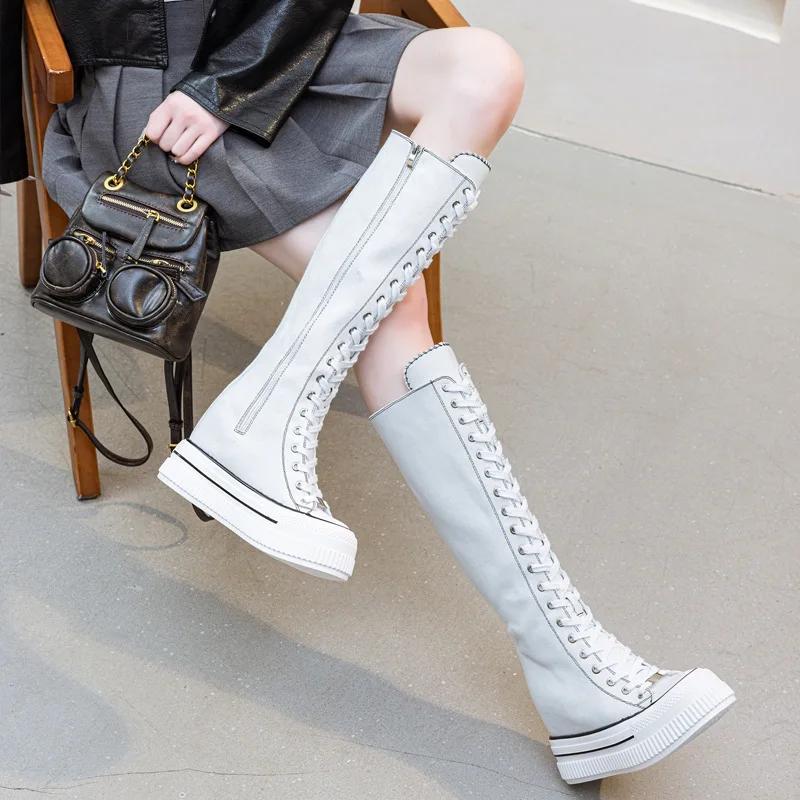 Móda 13cm Dámské vysoké plátěné boty pro volný čas Jaro Podzim Kozačky ke kolenům Šněrovací Zip Dámské platformové klínky Vulkanizované tenisky