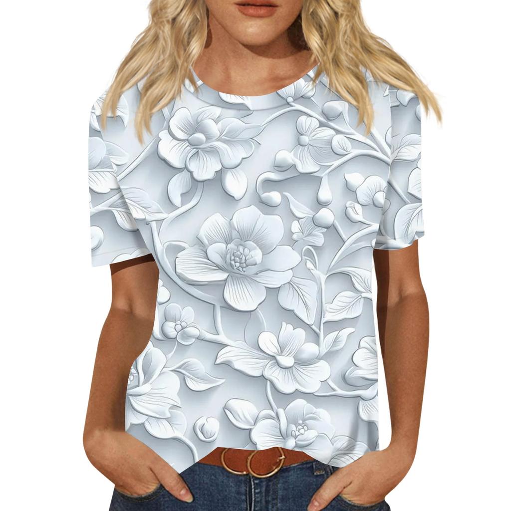 Damen Freizeit 3D Blumendruck Freizeit Kurzarm T-Shirt Pullover Rundhals Kurzarm Oberteil