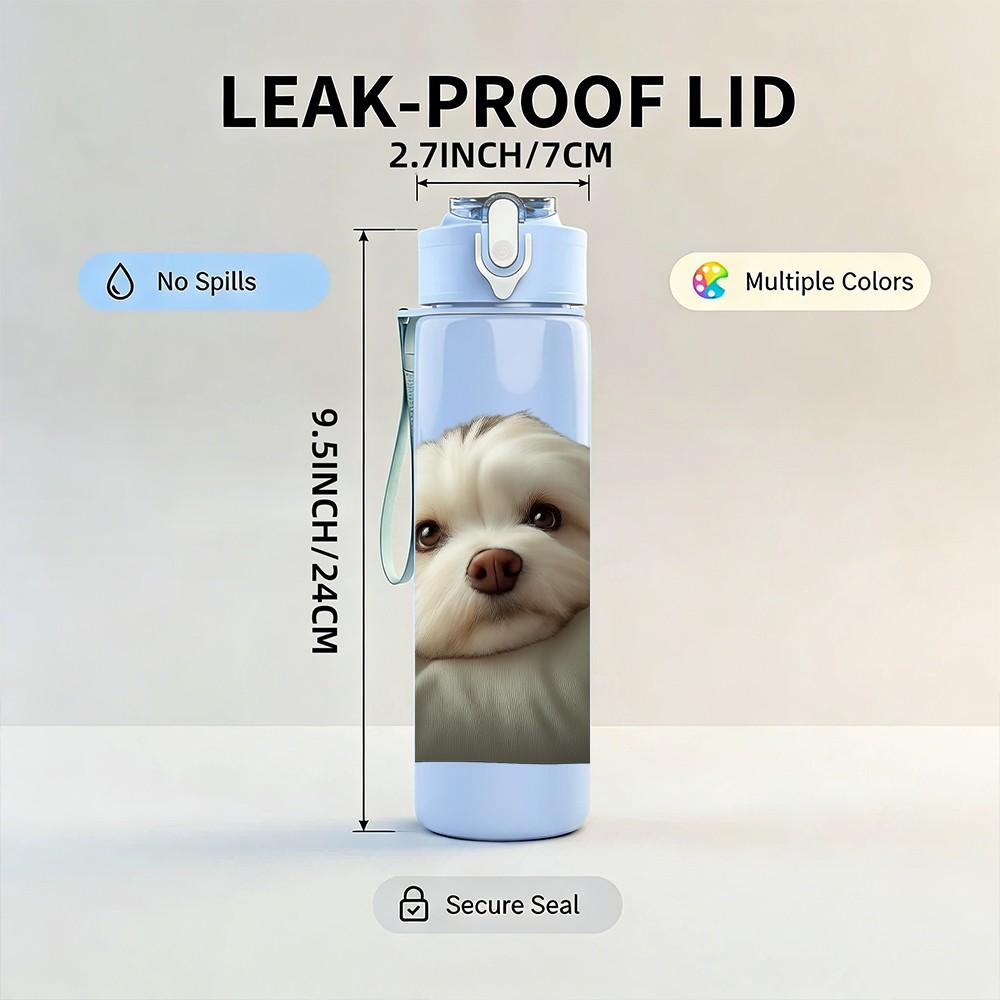 1PC White Puppy Lying On Pillow 750ml Color Plastic Sports Water Bottle Leakproof Flip Straw Lid Suitable for Sports Office Home Use