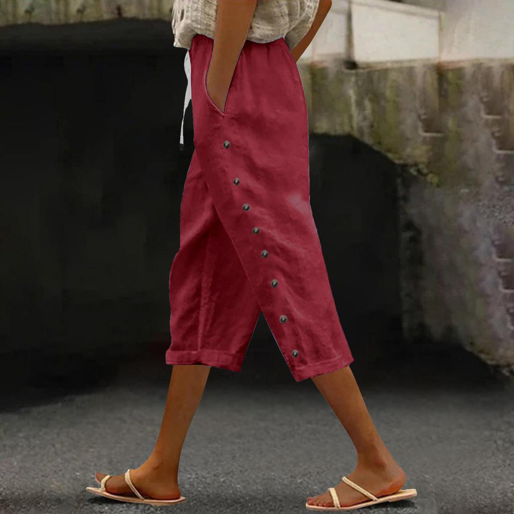 Women's Fashion Loose Casual Splicing Button Drawstring Solid Color 3/4 Pants