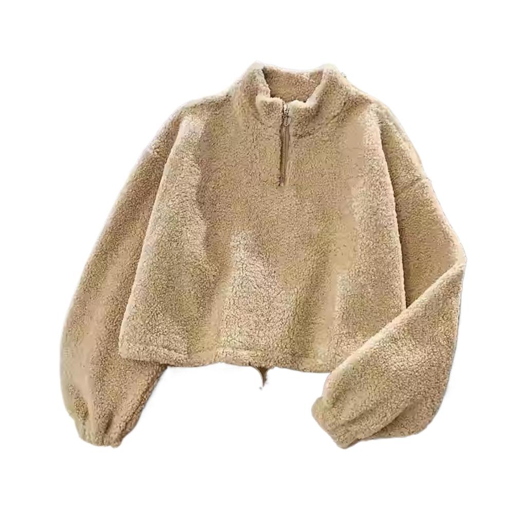 Half High Collar with Thick Wool Imitation Lamb Fur Short Hoodie, Women's Korean Version, Student Autumn and Winter Warm Jacket