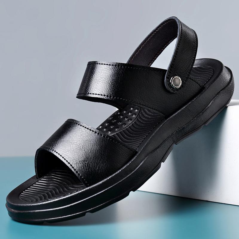 

Fashion Summer Flats Men s Business Sandals Massage Sole Men Leather Sandals Outdoor Beach Walking Shoes Male Fashion Designer Slippers 46 чёрный