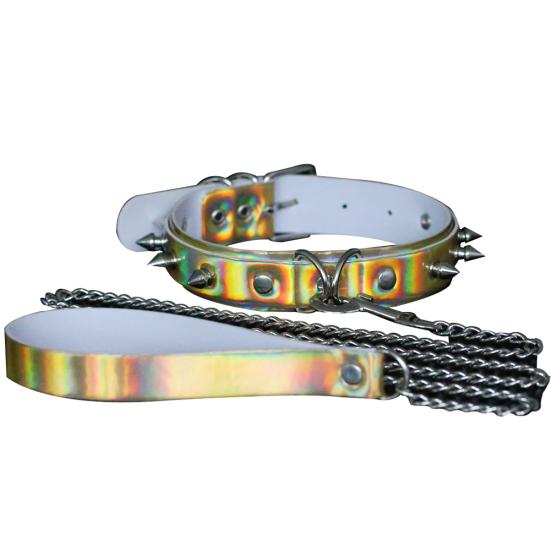 Women Laser Faux Leather Rivet Choker Necklace with Sex Leash Night Club Jewelry