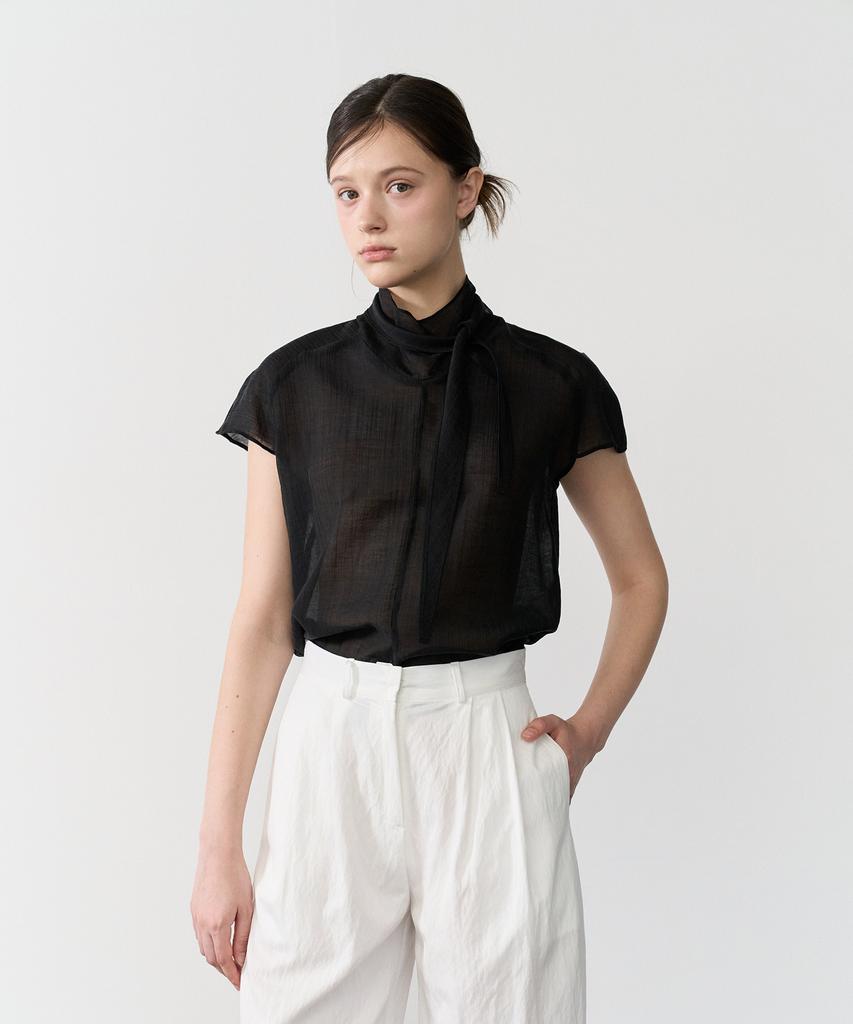 BIBYSEOB High-Neck Scarf Half Blouse Black [T62]