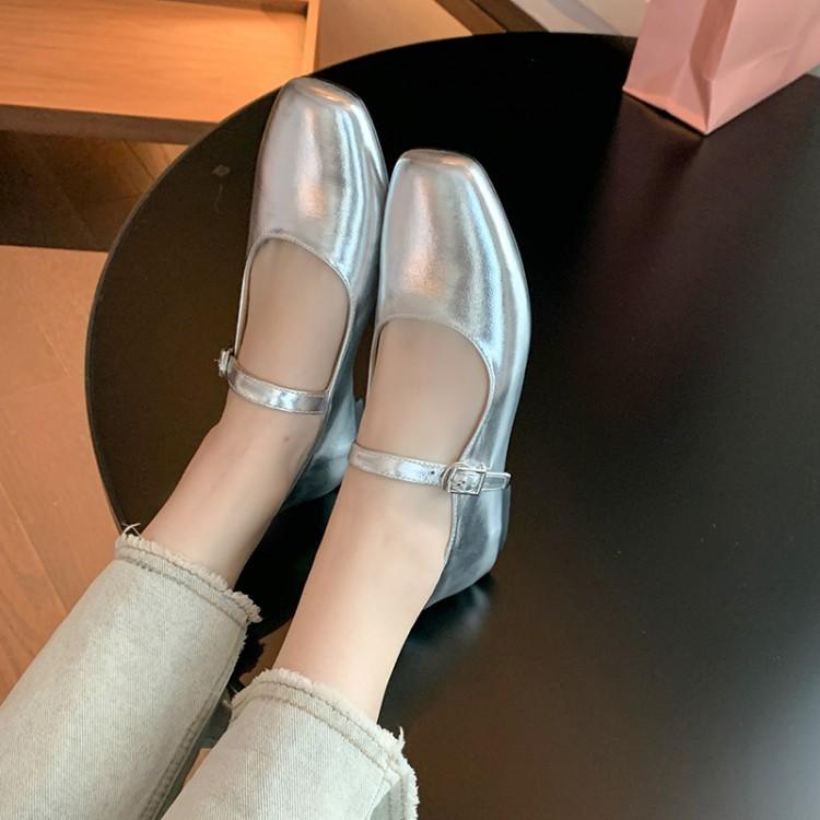 Spring And Summer French Shallow Mouth Square Head Ballet Shoes Women 'S Word With Flat Bottom Commuter Casual Mary Jane Shoes Silver