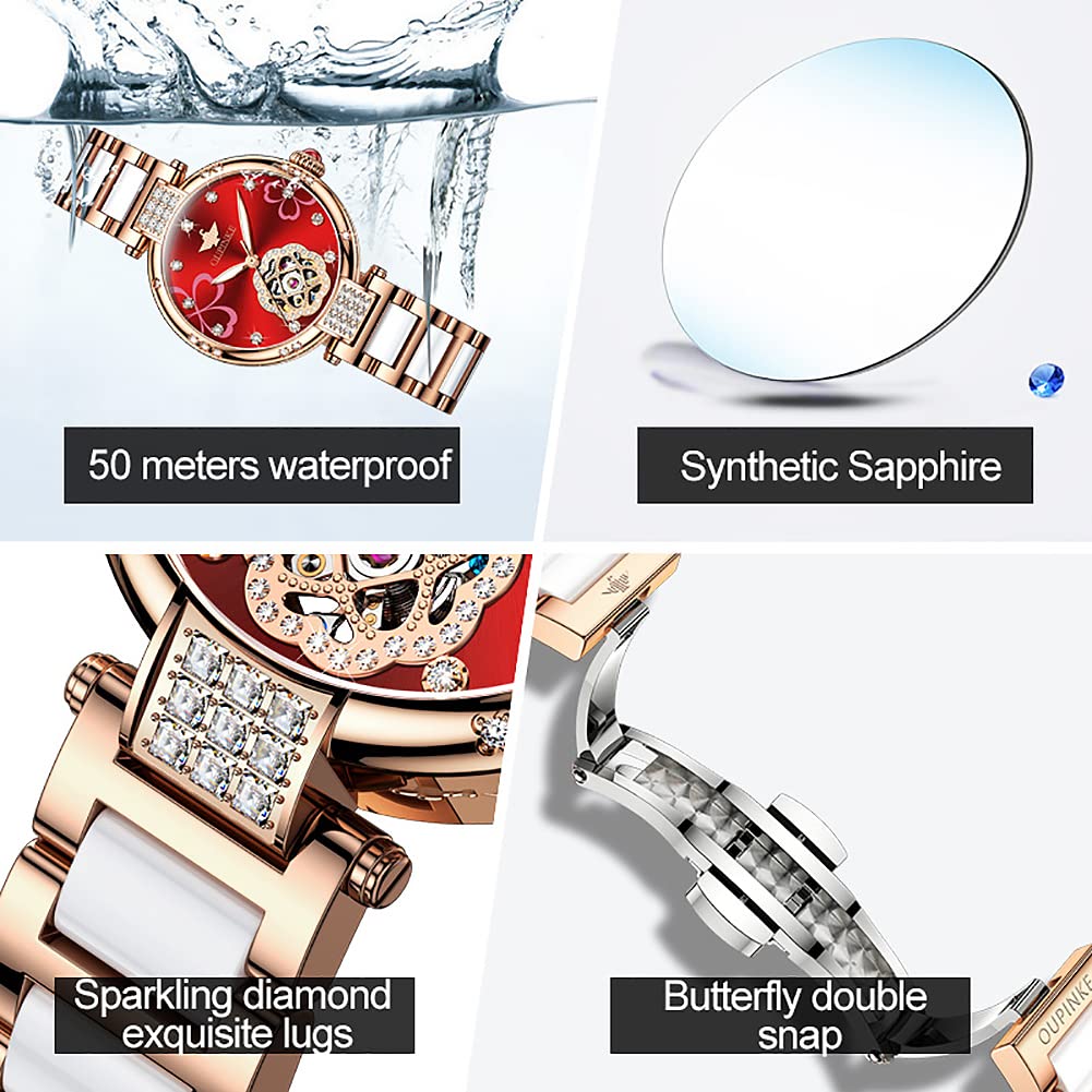 OUPINKE Women's Automatic Mechanical Watch with Japanese Movement, Ceramic Strap, High-Quality Stainless Steel, 5 ATM Water Resistance, Red