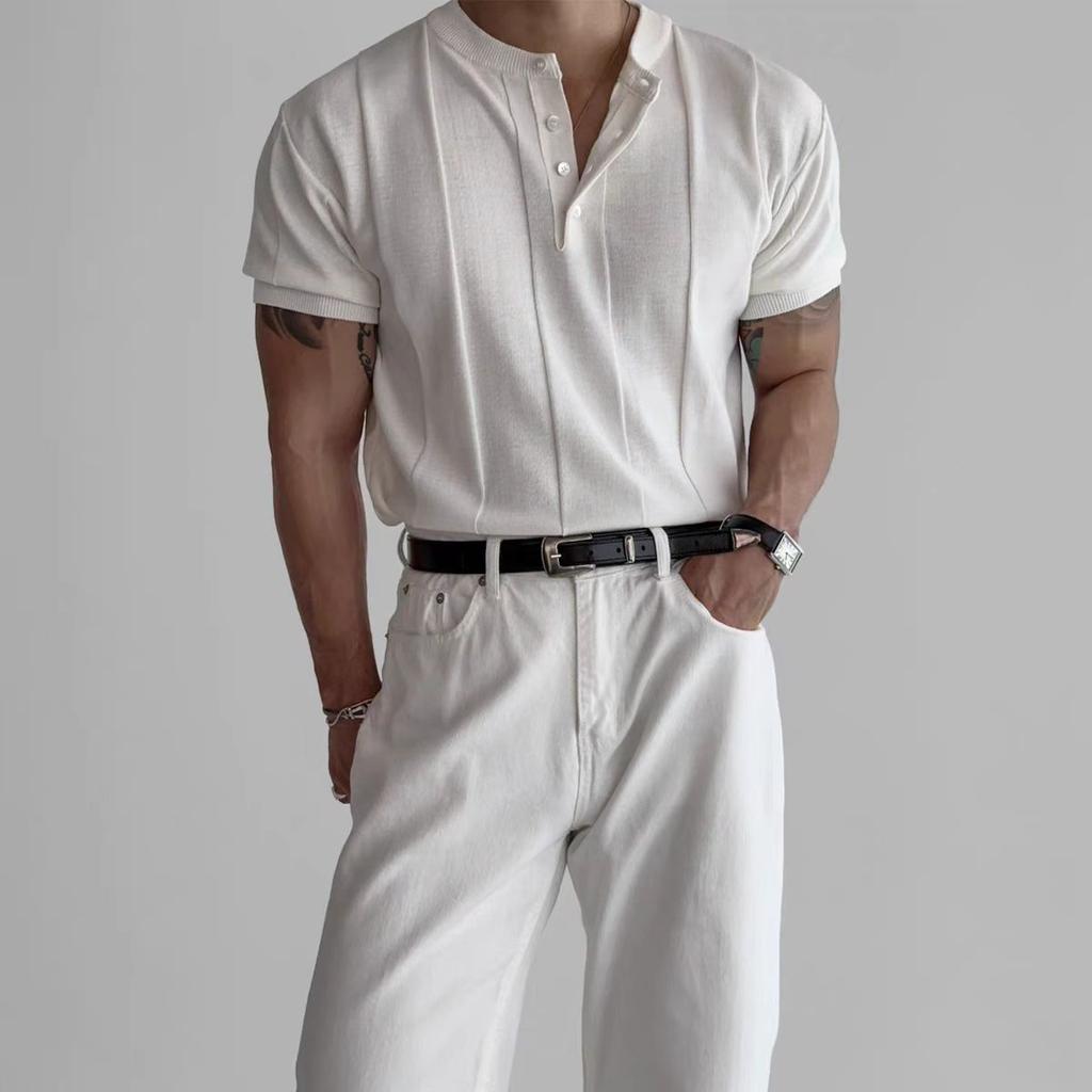 American Retro Heavyweight Short Sleeve T-Shirt Men's Polo Shirt Mature and Stable Muscle-Showing Fitness Sports Casual Top