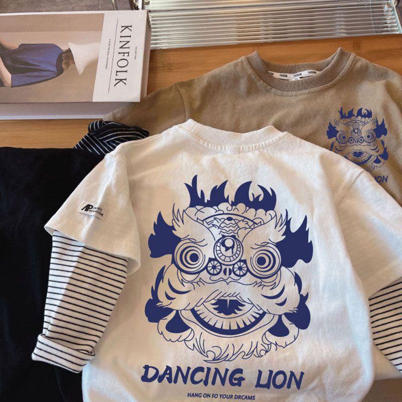 Boys Cotton Long Sleeve Fake Two Piece T Shirt Spring Autumn Korean Kids Base Layer Top Baby Clothes 80