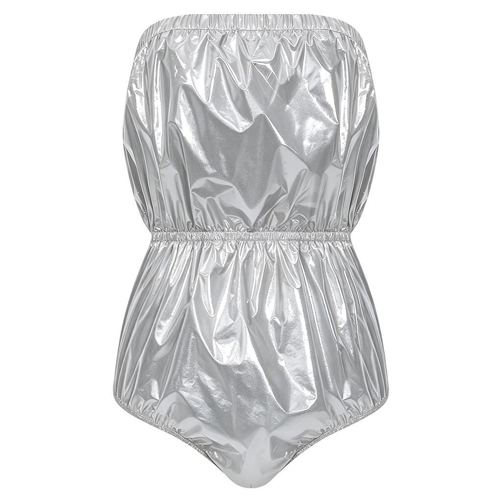 Womens Waterproof Glossy Swimwear Strapless Lingerie Bodysuit Elastic Band High Cutting Rompers Clubwear