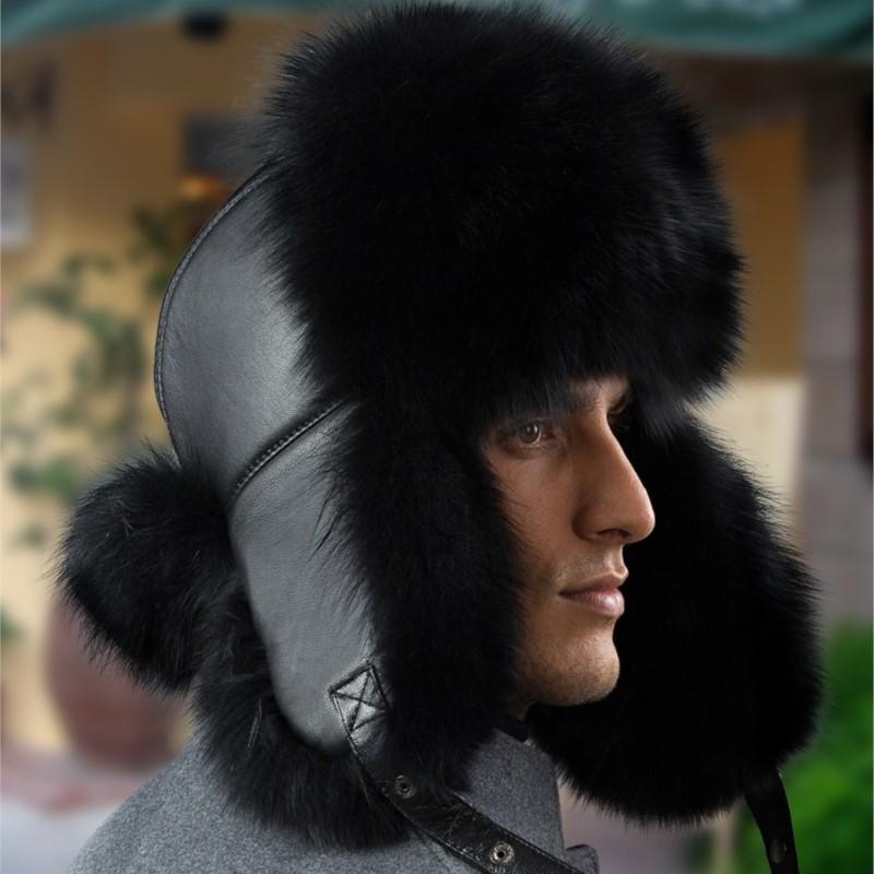Real Fox Fur Hats Men 's Winter Lei Feng Hat Middle-Aged Elderly Outdoor Thickened Raccoon Fur Cap Warm Sheep Leather Bomber Hat