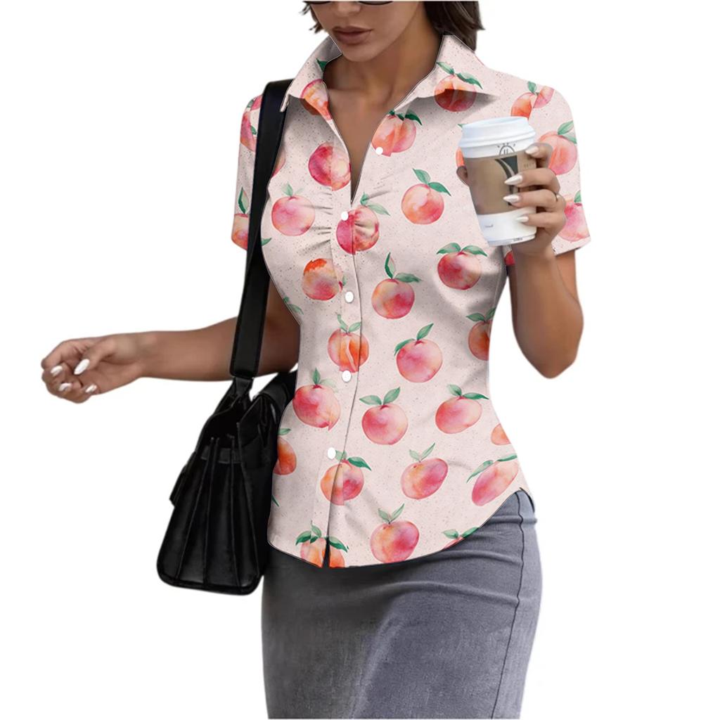 Damen Kurzarm Hemdbluse Slim Fit Knopfleiste Sommer Leichtes Bedrucktes Oberteil für Büro und Freizeit