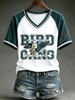 BIRD GANG cartoon eagle white and green color-blocked raglan V-neck short sleeves