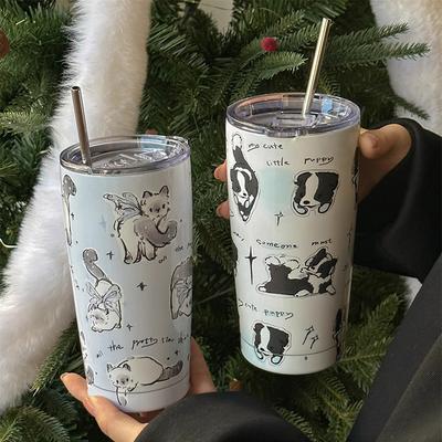 Söt Katt Tumbler Termokopp För Kaffe Te Öl Juice 550ml Kawaii Rostfritt Stål Termos Med Sugrör Bilmugg Vattenflaska Gåva