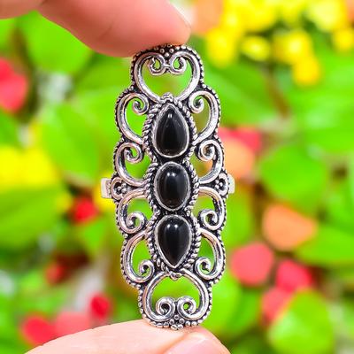 Natural Black Onyx Gemstone Handmade 925 Sterling Silver Ring Size 9.5 T7y24