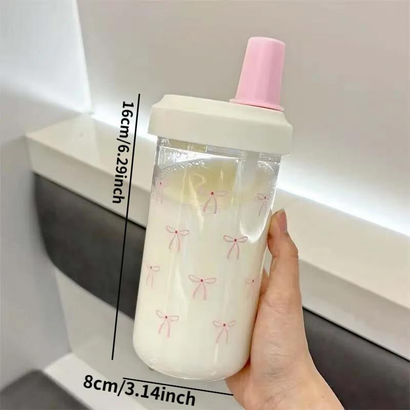 Bow Glass Cup with Transparent Straw, Cute Portable Water Bottle for Outdoor School Use, Ideal for Drinking At Home & Travel