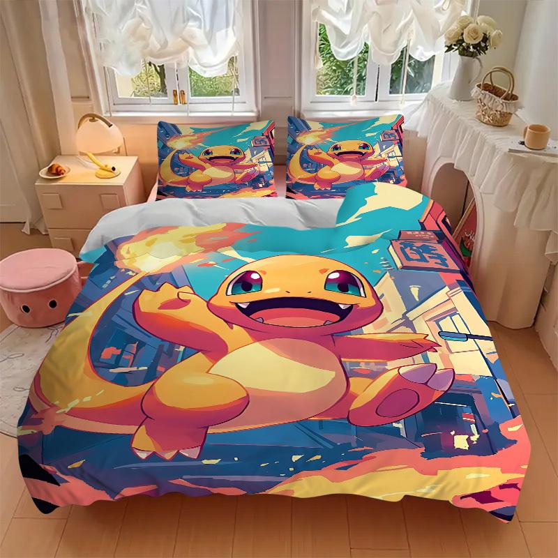 3pcs bedding set Flame Pokémon Includes 1 Comforter + 2 Pillowcases, Without Pillow Inserts, Soft Comfortable, Lightweight Breathable, Print
