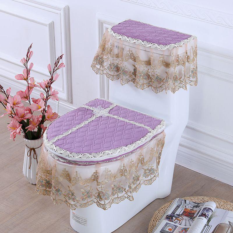 Universal European Style Double-Sided Toilet Seat Cover Set with Zippered Lace Fabric - All Seasons, Three-Piece Set.